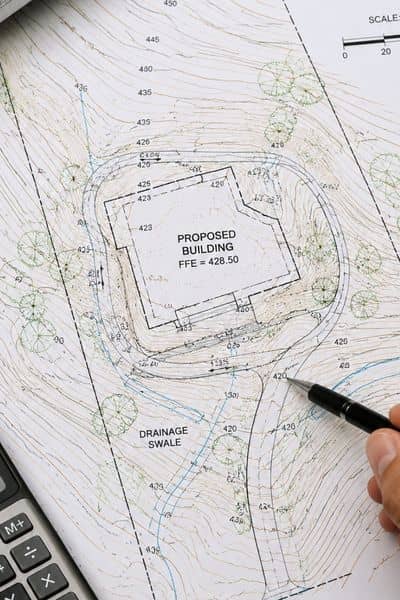 Digital topographic survey map showing contour lines, elevation changes, and terrain data used for site planning and land development