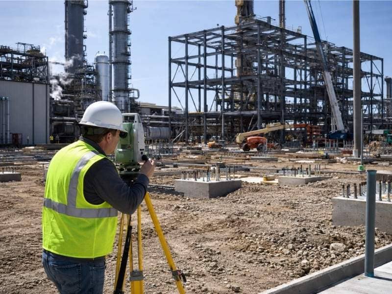 construction survey industrial expansion oxford alabama - Oxford Land Surveying Construction Survey crew measuring layout points for an industrial facility expansion in Oxford Alabama